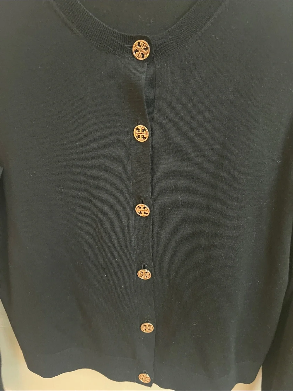 Tory Burch 100% Merino Wool Cardigan Sweater Black Gold Logo Buttons Classic